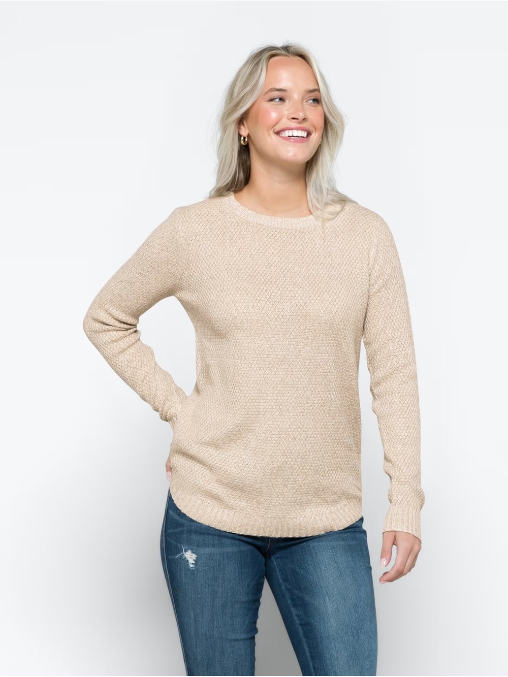 Pink Clover Women's Beige Textured Crewneck Sweater